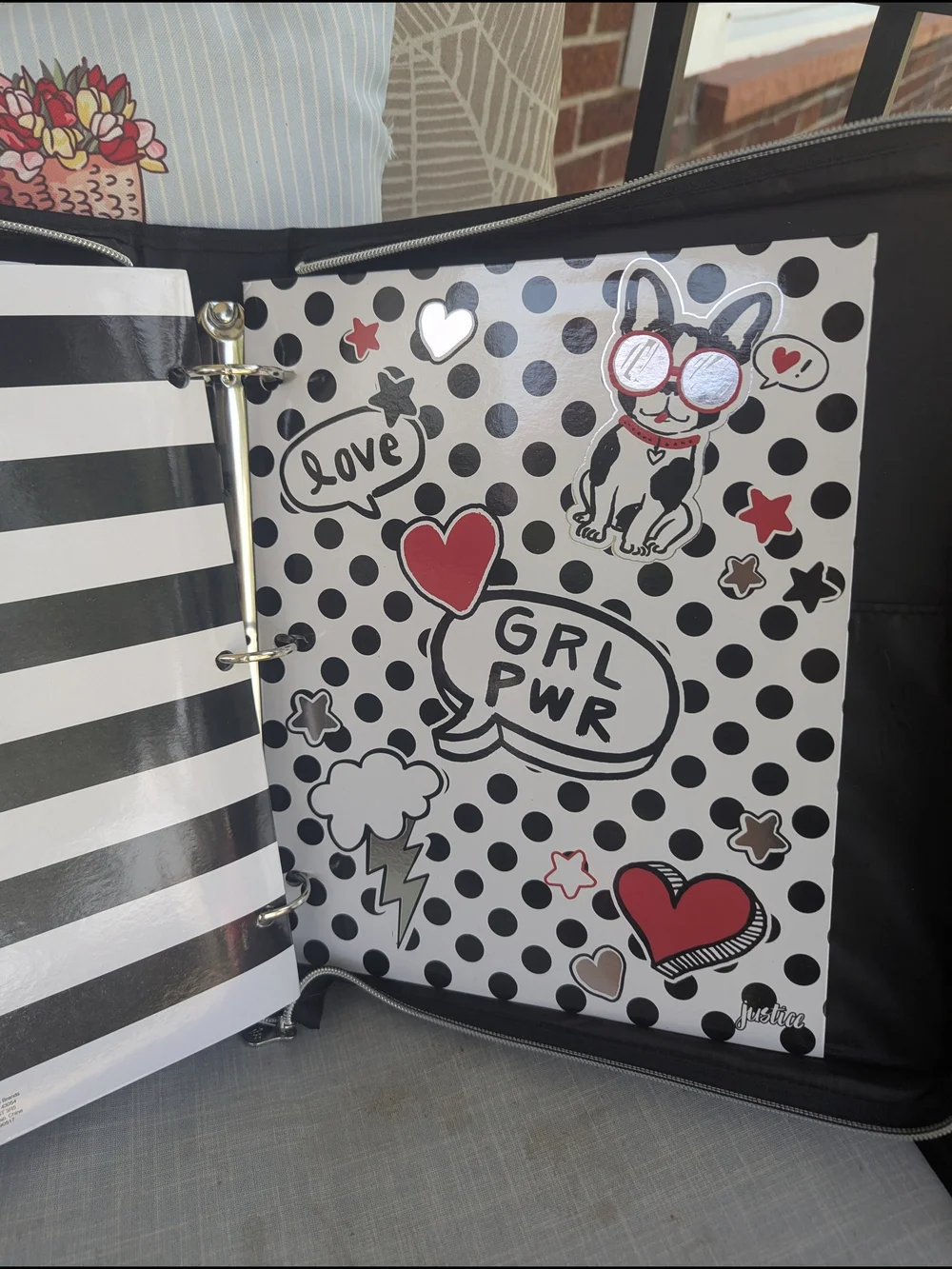 Justice Black & White Polka Dot Dog Zip Binder with Red Accents